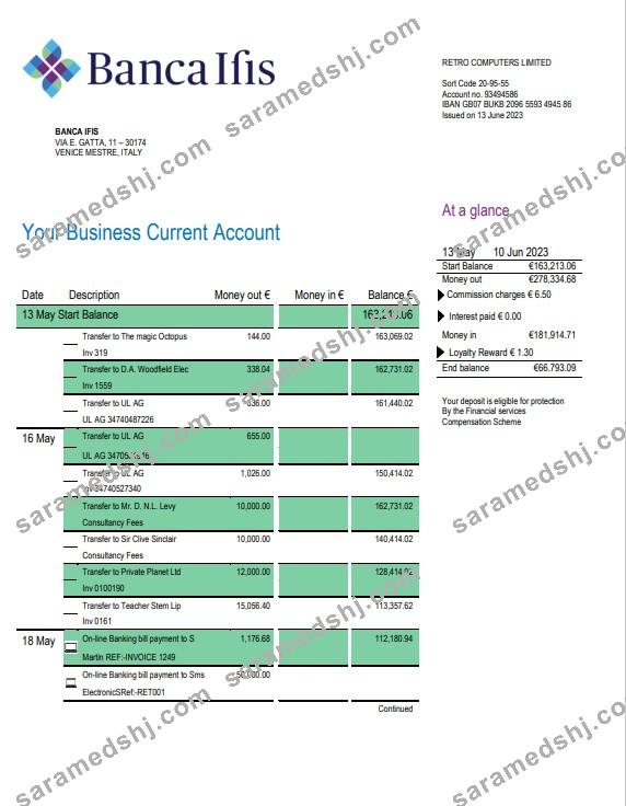 Banca IFIS business checking account statement Word and PDF template